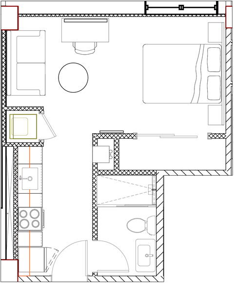 Floor plan for studio, 1 bath, 345 sqft